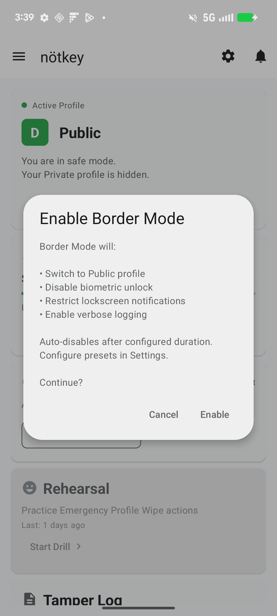 nötkey Border Mode confirmation screen